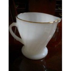 Anchor Hocking Fire King Vintage Coffee Creamer White Swirl Milk Glass Gold